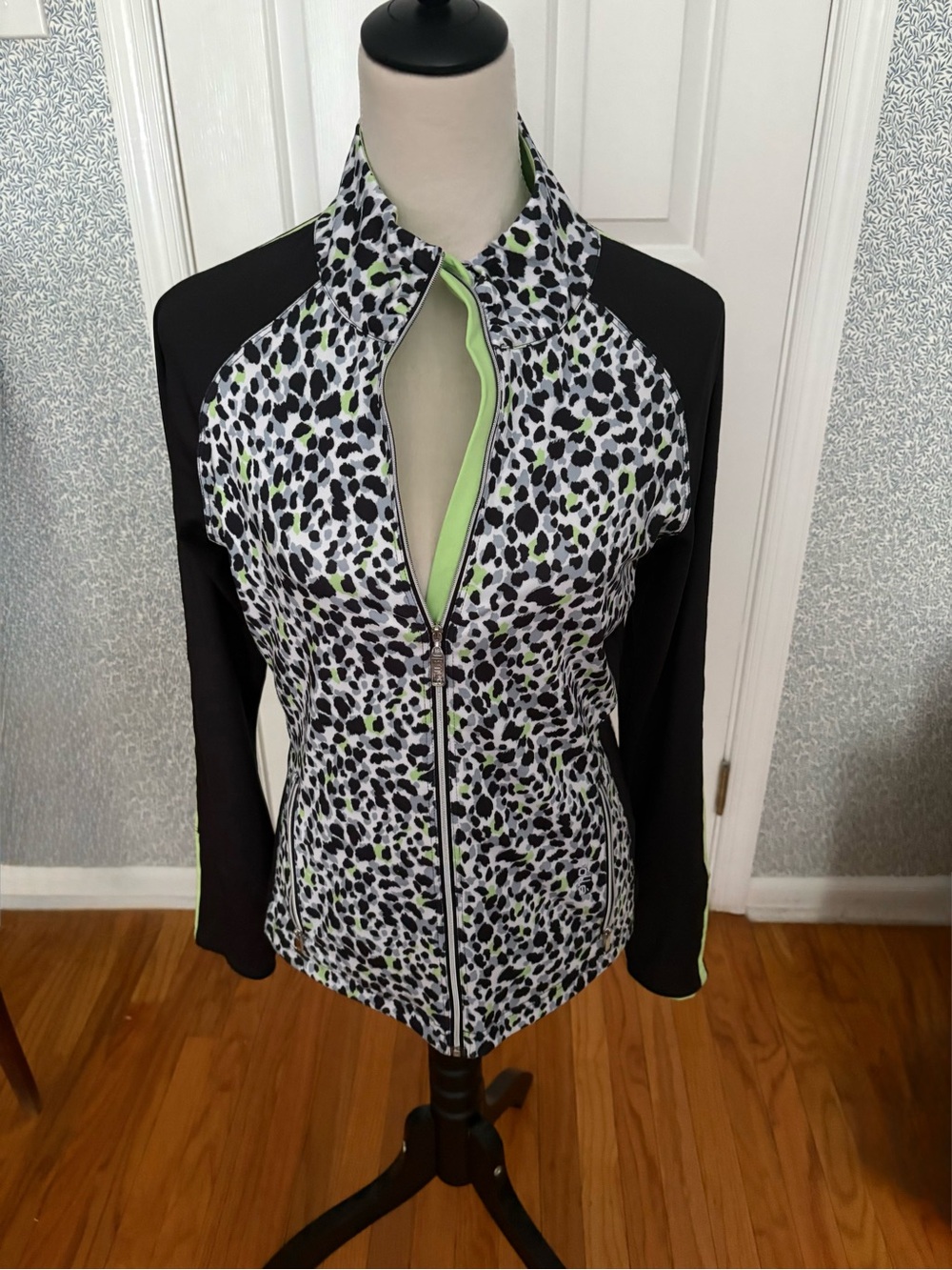 Bolle Black & White Leopard Print Zip-Front Jacket with Lime Accents
